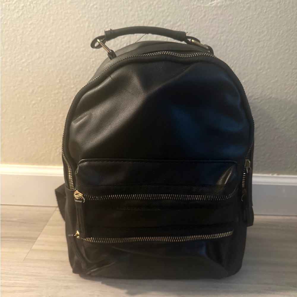 Black Soft Faux Leather Large Mini Backpack 2 Front Zipper Pockets